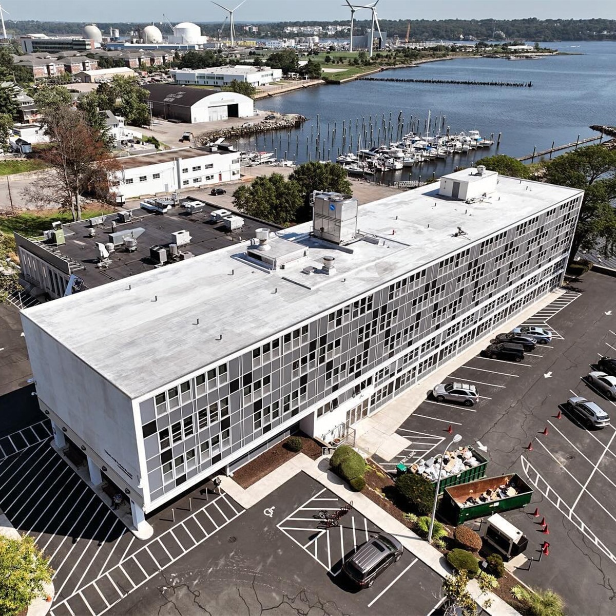 Drone photography of a building with broken rooftop during winter day