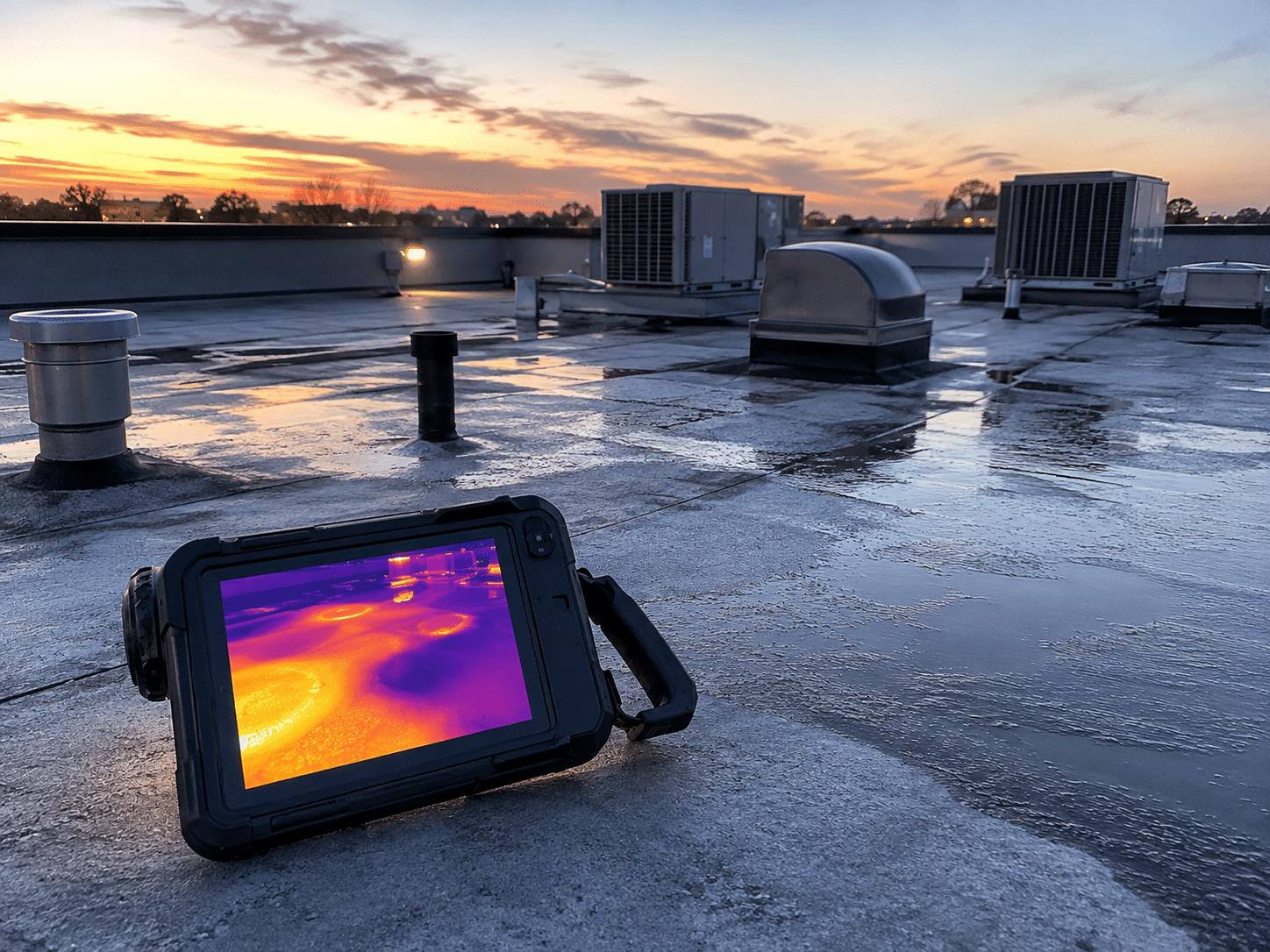 Infrared thermal imaging camera inspecting a commercial flat roof for hidden moisture and roof leaks