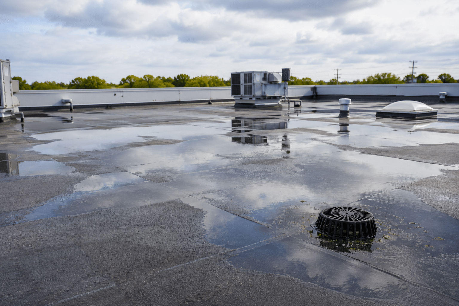 Ponding water on a commercial flat roof near a roof drain after rainfall